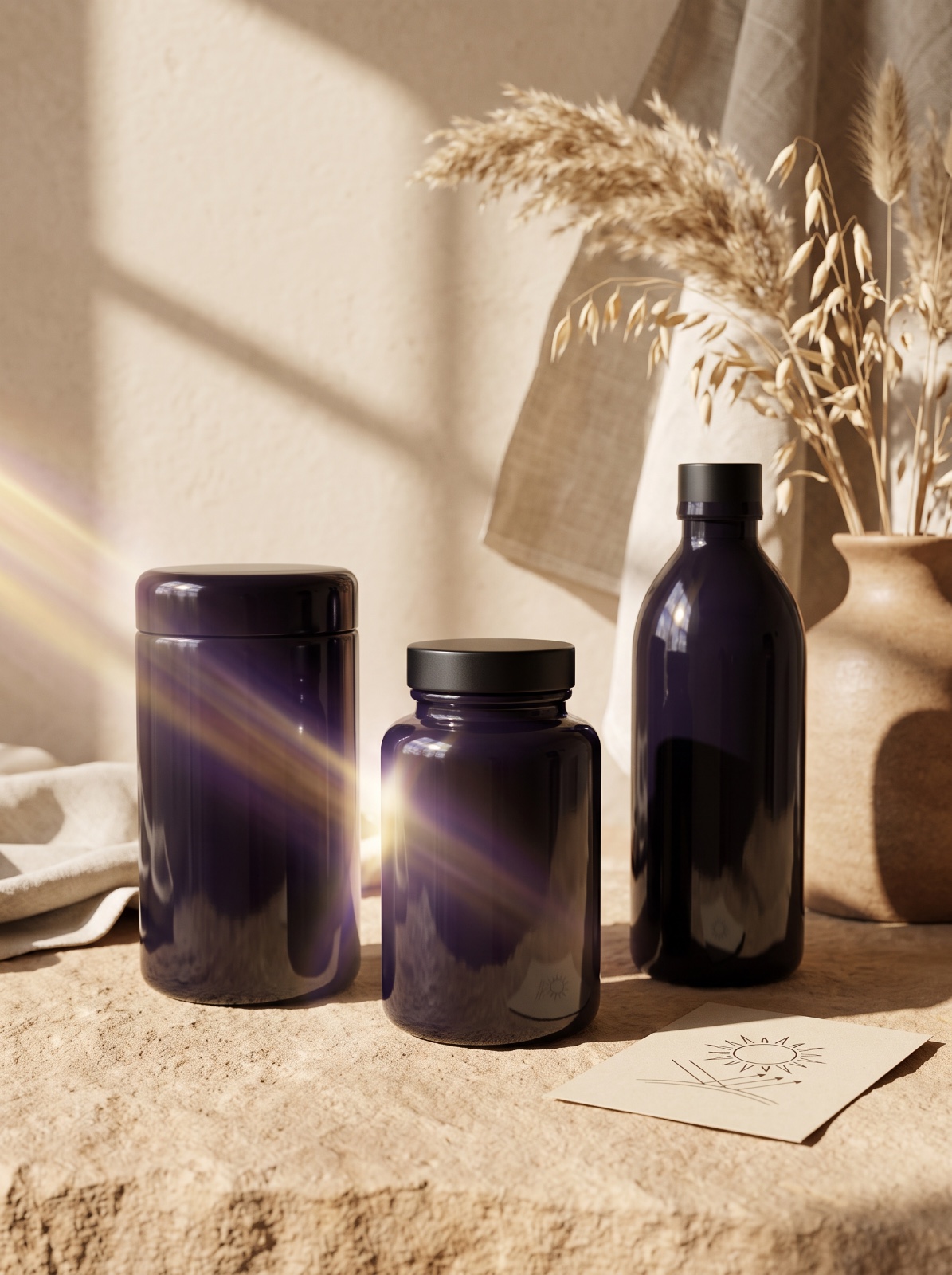 Frascali violet glass jars at sunset